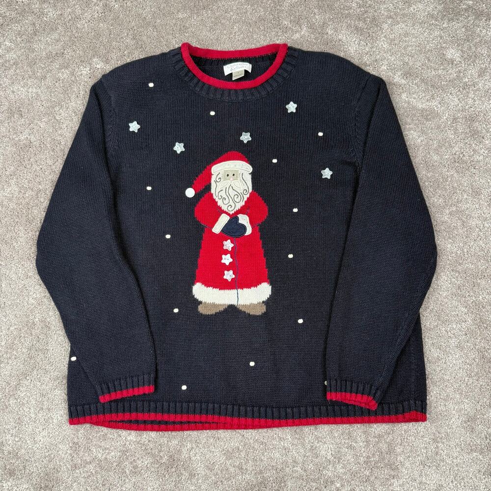 Christopher Banks Santa Christmas Sweater Size L Navy Red Ugly Sweater Party